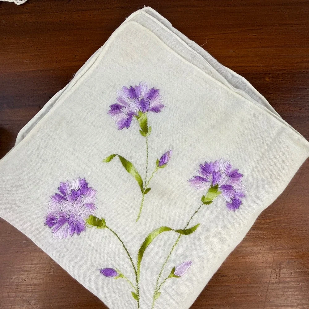 Vintage Hand Embroidered Linen Set Southern Belle Doilies Floral Handkerchiefs